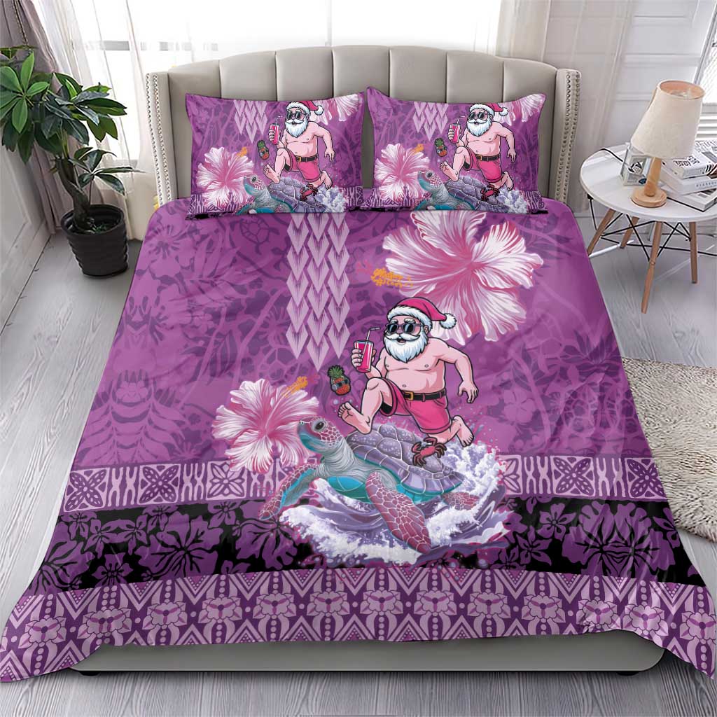 Hawaii Mele Kalikimaka Bedding Set Funny Santa with Tribal Tattoos Kakau Purple Color - Polynesian Pride