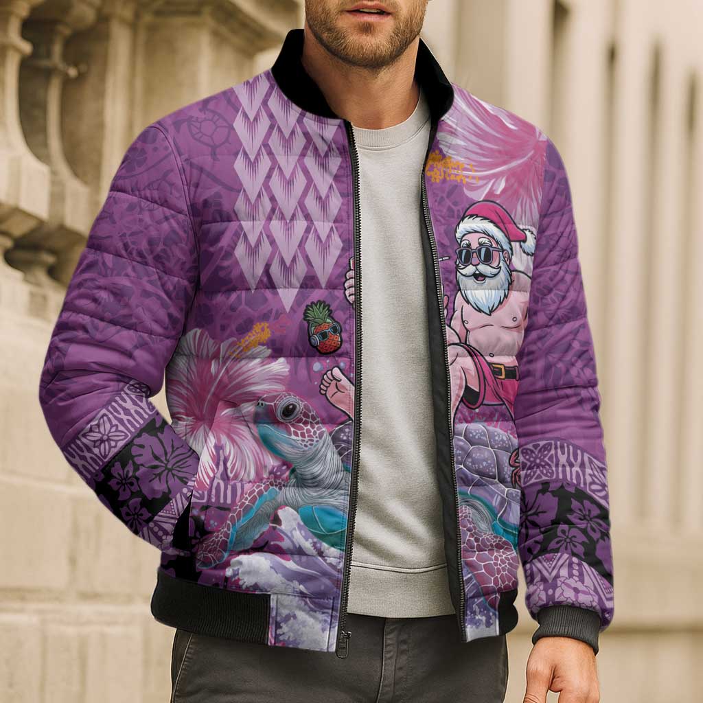 Hawaii Mele Kalikimaka Bomber Puffer Jacket Funny Santa with Tribal Tattoos Kakau Purple Color - Polynesian Pride