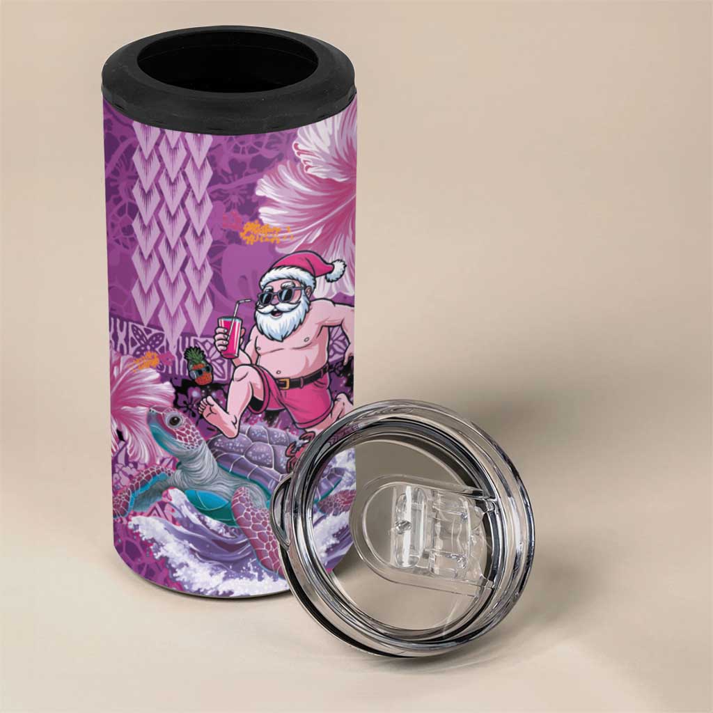 Hawaii Mele Kalikimaka 4 in 1 Can Cooler Tumbler Funny Santa with Tribal Tattoos Kakau Purple Color - Polynesian Pride