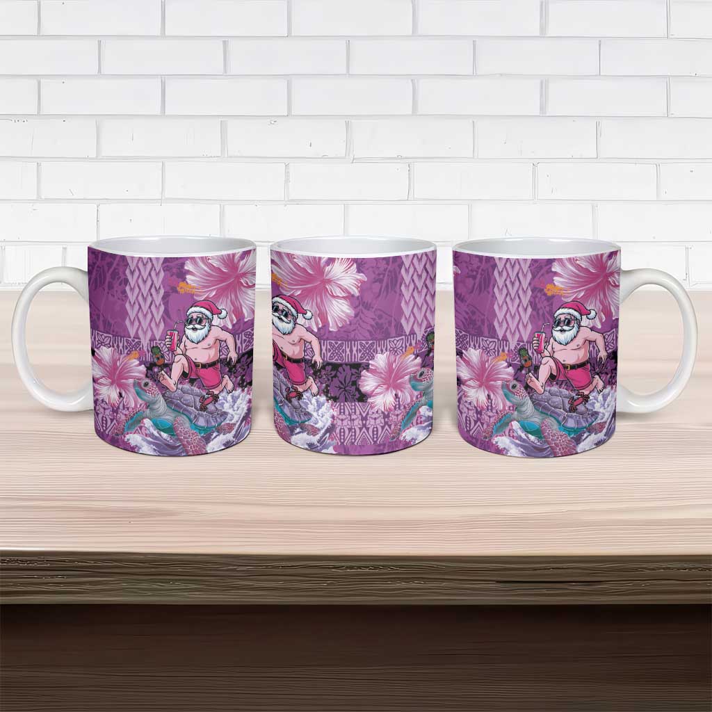 Hawaii Mele Kalikimaka Ceramic Mug Funny Santa with Tribal Tattoos Kakau Purple Color - Polynesian Pride