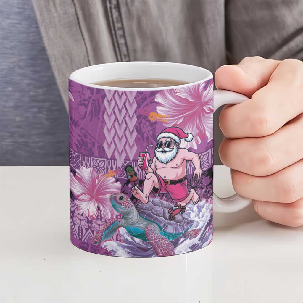Hawaii Mele Kalikimaka Ceramic Mug Funny Santa with Tribal Tattoos Kakau Purple Color - Polynesian Pride