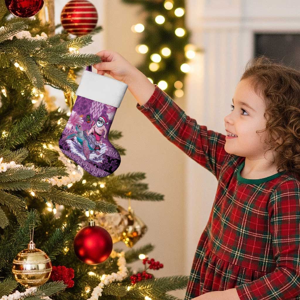 Hawaii Mele Kalikimaka Christmas Stocking Funny Santa with Tribal Tattoos Kakau Purple Color - Polynesian Pride