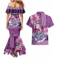 Hawaii Mele Kalikimaka Couples Matching Mermaid Dress and Hawaiian Shirt Funny Santa with Tribal Tattoos Kakau Purple Color - Polynesian Pride