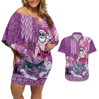 Hawaii Mele Kalikimaka Couples Matching Off Shoulder Short Dress and Hawaiian Shirt Funny Santa with Tribal Tattoos Kakau Purple Color - Polynesian Pride