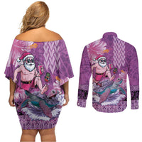 Hawaii Mele Kalikimaka Couples Matching Off Shoulder Short Dress and Long Sleeve Button Shirt Funny Santa with Tribal Tattoos Kakau Purple Color - Polynesian Pride