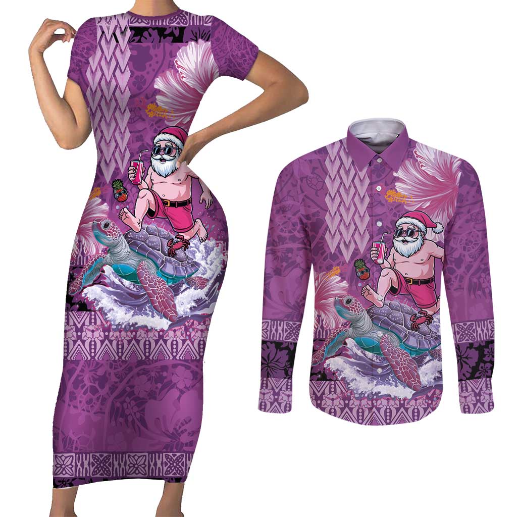 Hawaii Mele Kalikimaka Couples Matching Short Sleeve Bodycon Dress and Long Sleeve Button Shirt Funny Santa with Tribal Tattoos Kakau Purple Color - Polynesian Pride