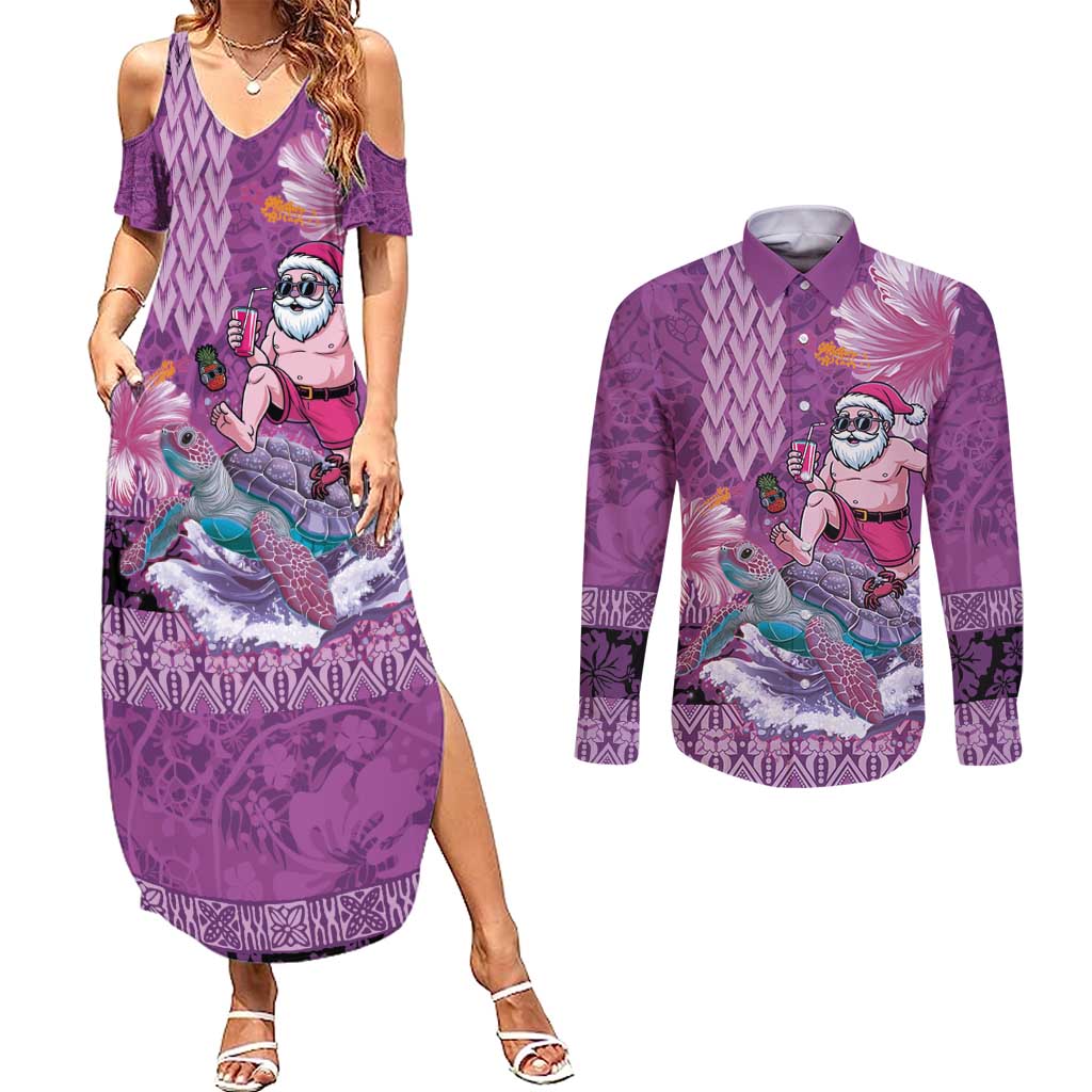 Hawaii Mele Kalikimaka Couples Matching Summer Maxi Dress and Long Sleeve Button Shirt Funny Santa with Tribal Tattoos Kakau Purple Color - Polynesian Pride
