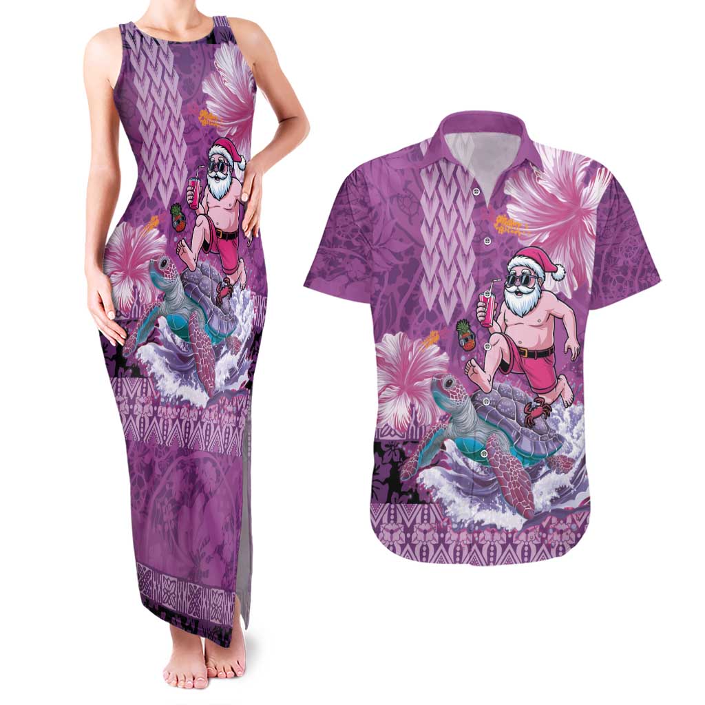 Hawaii Mele Kalikimaka Couples Matching Tank Maxi Dress and Hawaiian Shirt Funny Santa with Tribal Tattoos Kakau Purple Color - Polynesian Pride