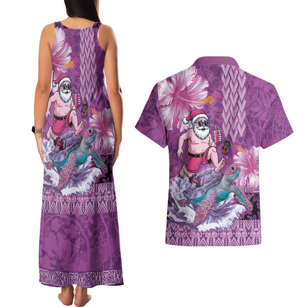 Hawaii Mele Kalikimaka Couples Matching Tank Maxi Dress and Hawaiian Shirt Funny Santa with Tribal Tattoos Kakau Purple Color - Polynesian Pride