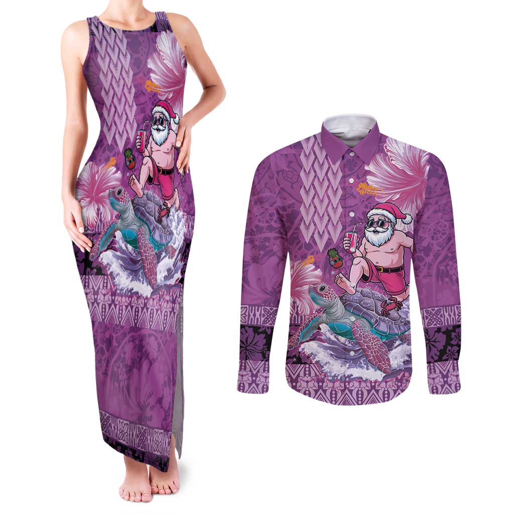 Hawaii Mele Kalikimaka Couples Matching Tank Maxi Dress and Long Sleeve Button Shirt Funny Santa with Tribal Tattoos Kakau Purple Color - Polynesian Pride