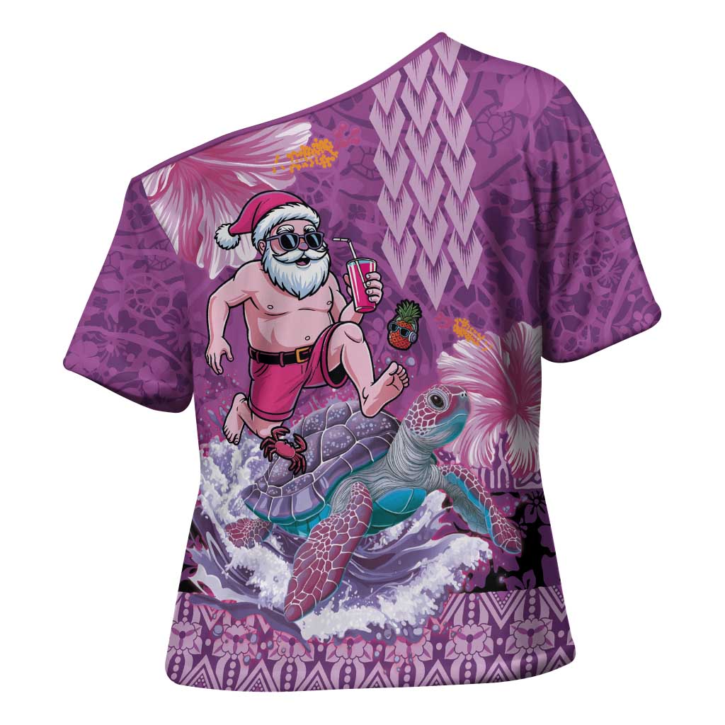Hawaii Mele Kalikimaka Cross Shoulder Shirt Funny Santa with Tribal Tattoos Kakau Purple Color - Polynesian Pride