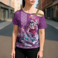 Hawaii Mele Kalikimaka Cross Shoulder Shirt Funny Santa with Tribal Tattoos Kakau Purple Color - Polynesian Pride