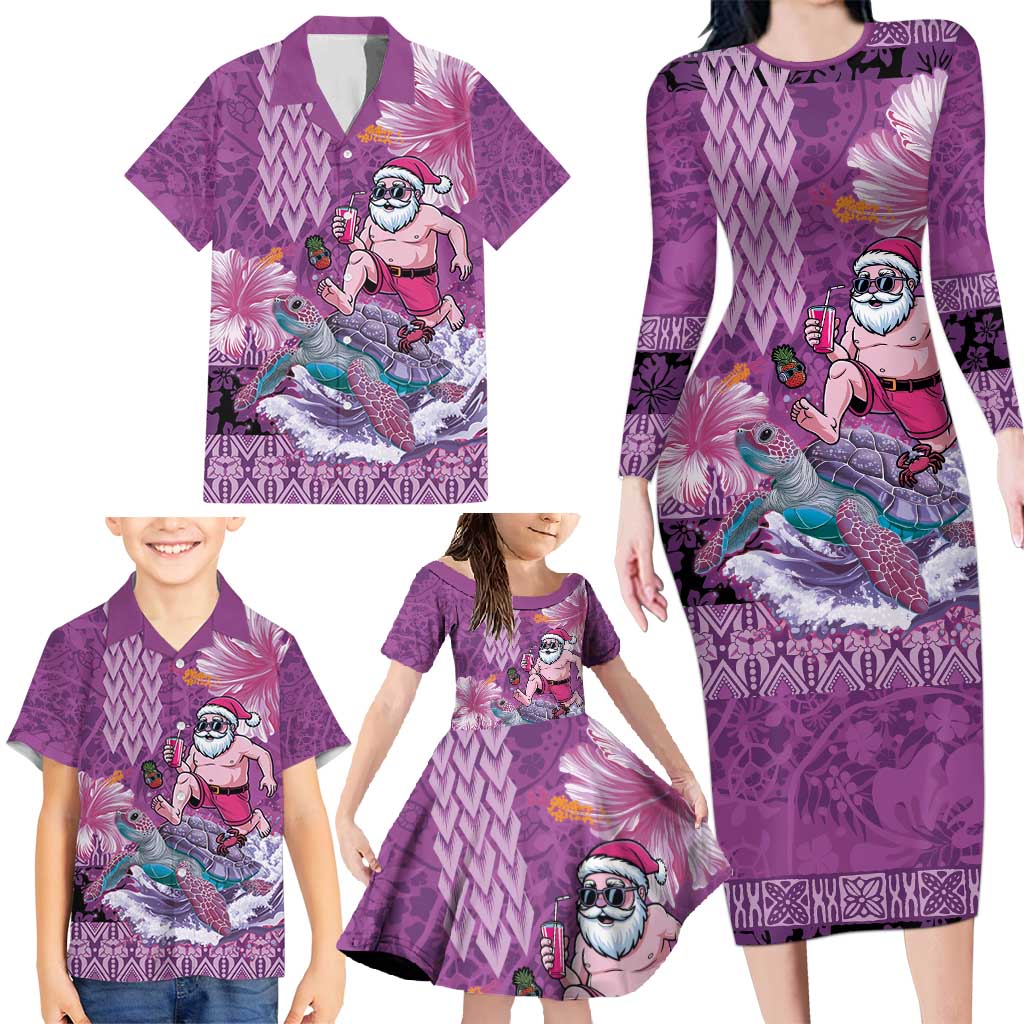 Hawaii Mele Kalikimaka Family Matching Long Sleeve Bodycon Dress and Hawaiian Shirt Funny Santa with Tribal Tattoos Kakau Purple Color - Polynesian Pride