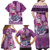 Hawaii Mele Kalikimaka Family Matching Off Shoulder Maxi Dress and Hawaiian Shirt Funny Santa with Tribal Tattoos Kakau Purple Color - Polynesian Pride