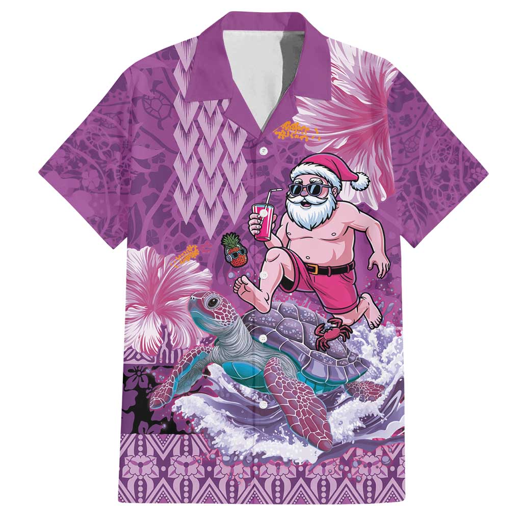 Hawaii Mele Kalikimaka Family Matching Off Shoulder Maxi Dress and Hawaiian Shirt Funny Santa with Tribal Tattoos Kakau Purple Color - Polynesian Pride