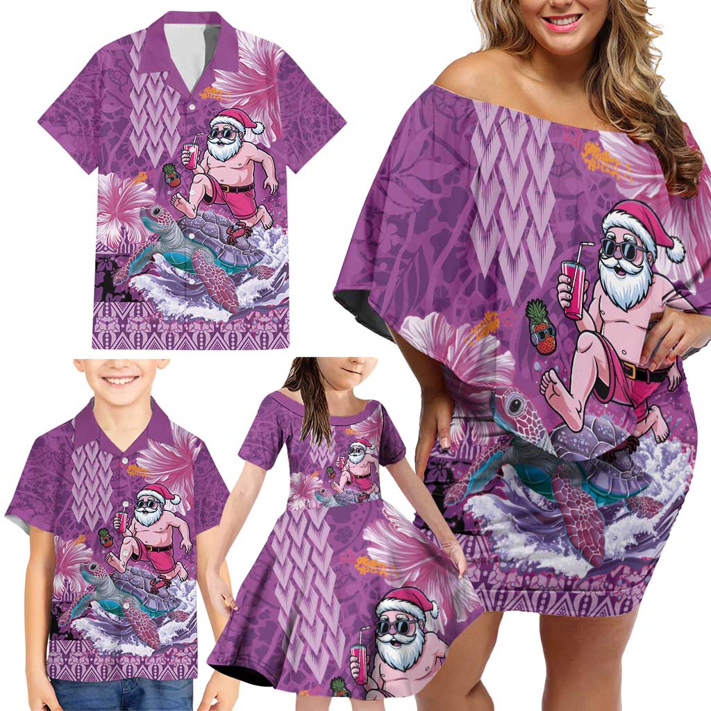 Hawaii Mele Kalikimaka Family Matching Off Shoulder Short Dress and Hawaiian Shirt Funny Santa with Tribal Tattoos Kakau Purple Color - Polynesian Pride