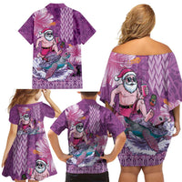 Hawaii Mele Kalikimaka Family Matching Off Shoulder Short Dress and Hawaiian Shirt Funny Santa with Tribal Tattoos Kakau Purple Color - Polynesian Pride