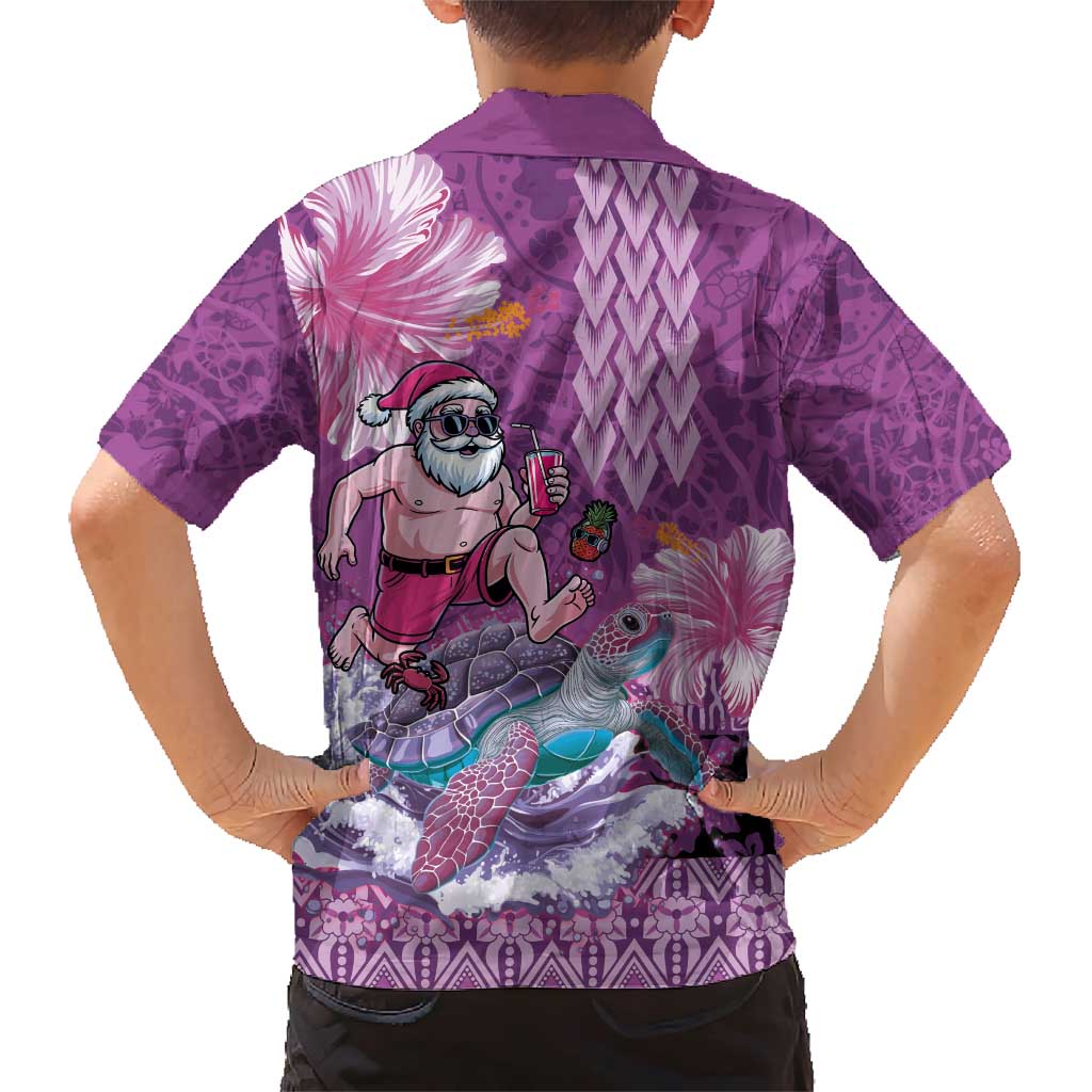 Hawaii Mele Kalikimaka Family Matching Short Sleeve Bodycon Dress and Hawaiian Shirt Funny Santa with Tribal Tattoos Kakau Purple Color - Polynesian Pride