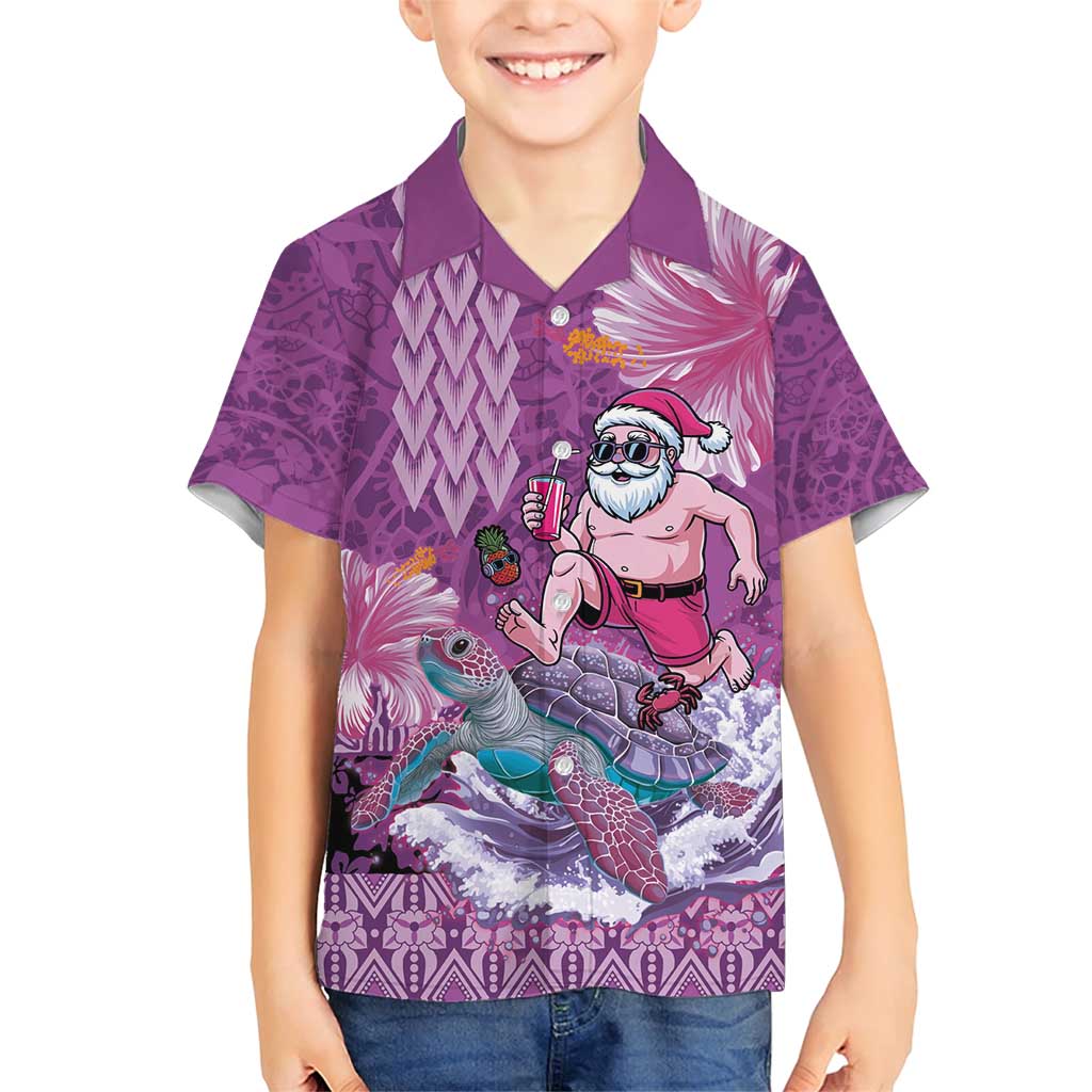 Hawaii Mele Kalikimaka Family Matching Short Sleeve Bodycon Dress and Hawaiian Shirt Funny Santa with Tribal Tattoos Kakau Purple Color - Polynesian Pride