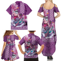 Hawaii Mele Kalikimaka Family Matching Summer Maxi Dress and Hawaiian Shirt Funny Santa with Tribal Tattoos Kakau Purple Color - Polynesian Pride