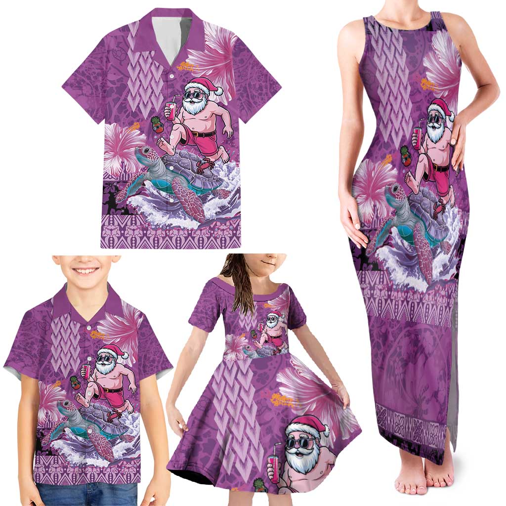 Hawaii Mele Kalikimaka Family Matching Tank Maxi Dress and Hawaiian Shirt Funny Santa with Tribal Tattoos Kakau Purple Color - Polynesian Pride