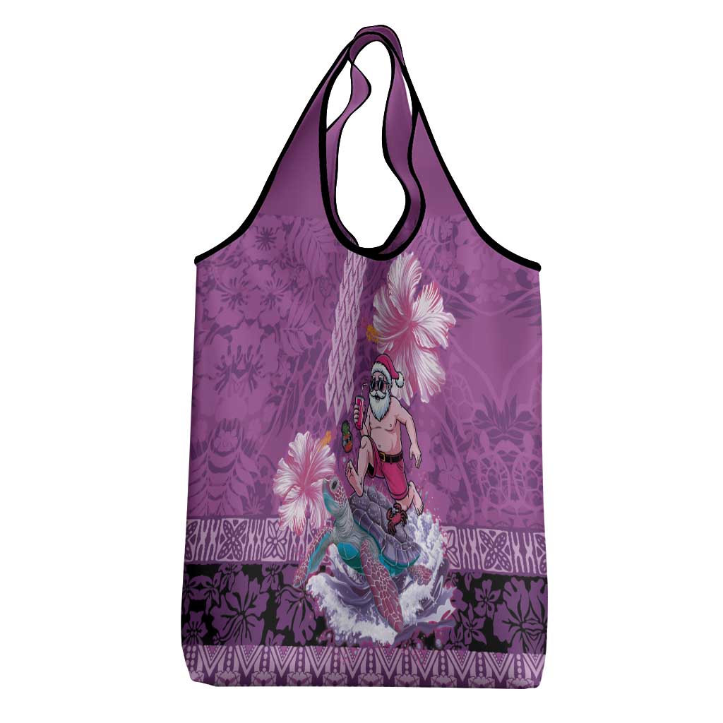 Hawaii Mele Kalikimaka Grocery Bag Funny Santa with Tribal Tattoos Kakau Purple Color - Polynesian Pride