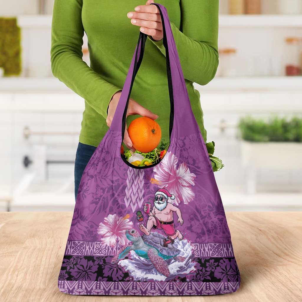 Hawaii Mele Kalikimaka Grocery Bag Funny Santa with Tribal Tattoos Kakau Purple Color - Polynesian Pride