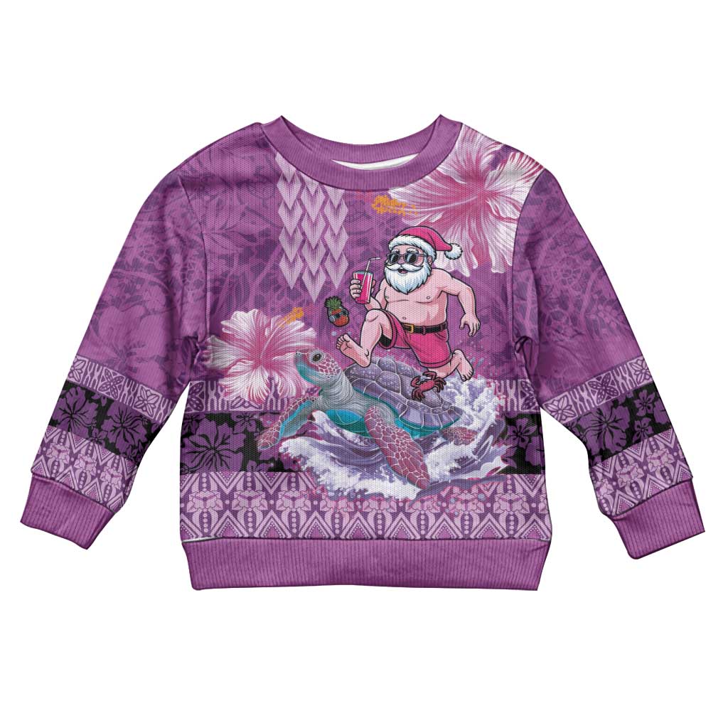 Hawaii Mele Kalikimaka Kid Ugly Christmas Sweater Funny Santa with Tribal Tattoos Kakau Purple Color LT03 Kid Purple - Polynesian Pride