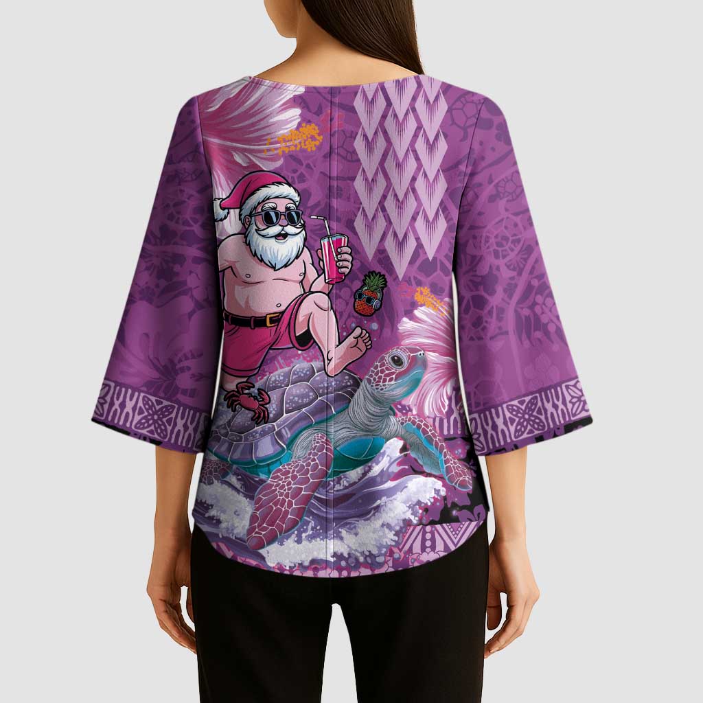 Hawaii Mele Kalikimaka Kimono Sleeve Blouse Funny Santa with Tribal Tattoos Kakau Purple Color - Polynesian Pride