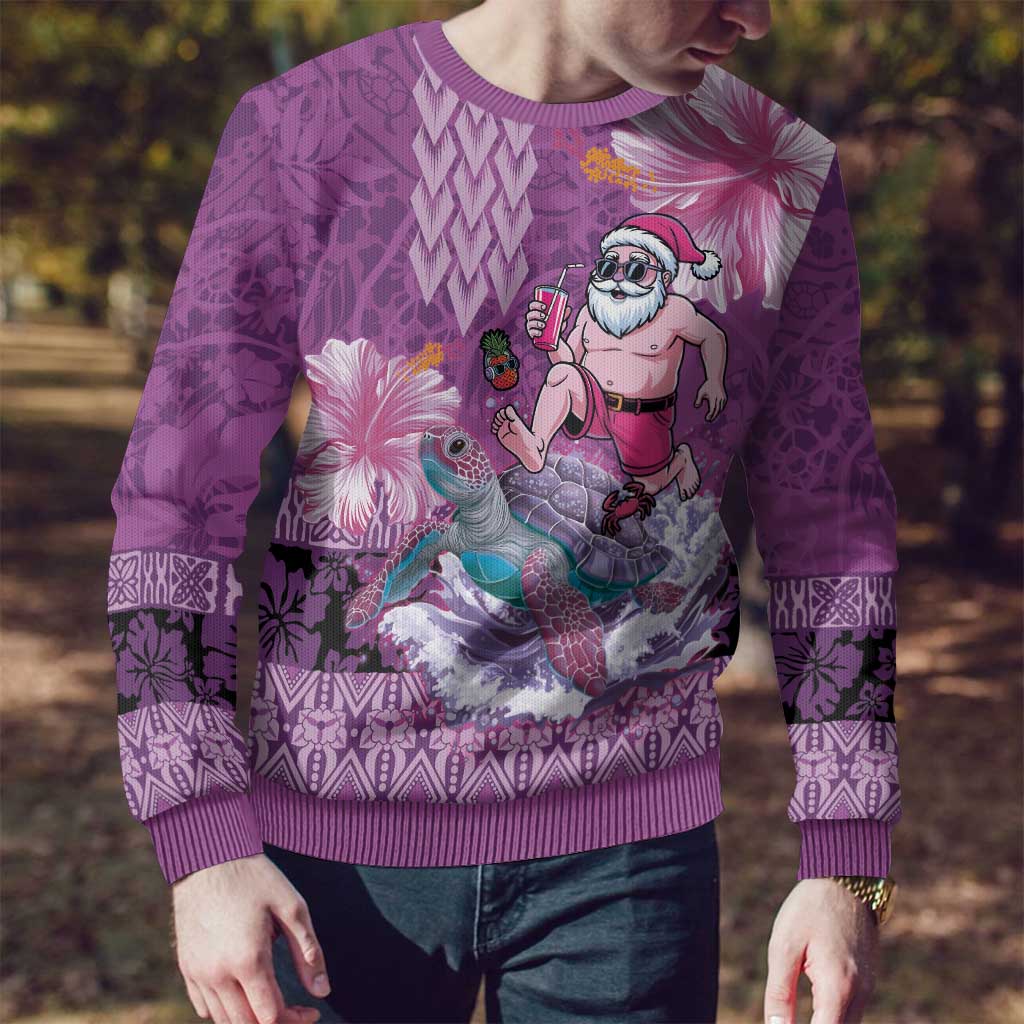 Hawaii Mele Kalikimaka Ugly Christmas Sweater Funny Santa with Tribal Tattoos Kakau Purple Color - Polynesian Pride