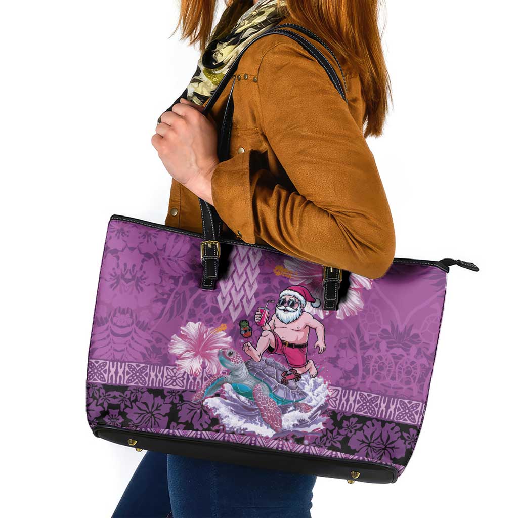 Hawaii Mele Kalikimaka Leather Tote Bag Funny Santa with Tribal Tattoos Kakau Purple Color - Polynesian Pride