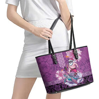Hawaii Mele Kalikimaka Leather Tote Bag Funny Santa with Tribal Tattoos Kakau Purple Color - Polynesian Pride