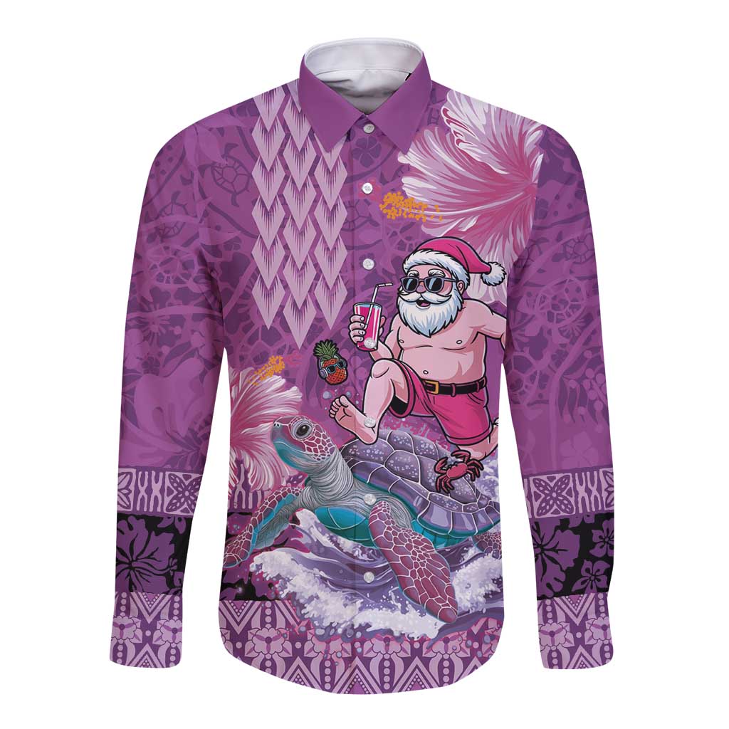 Hawaii Mele Kalikimaka Long Sleeve Button Shirt Funny Santa with Tribal Tattoos Kakau Purple Color - Polynesian Pride