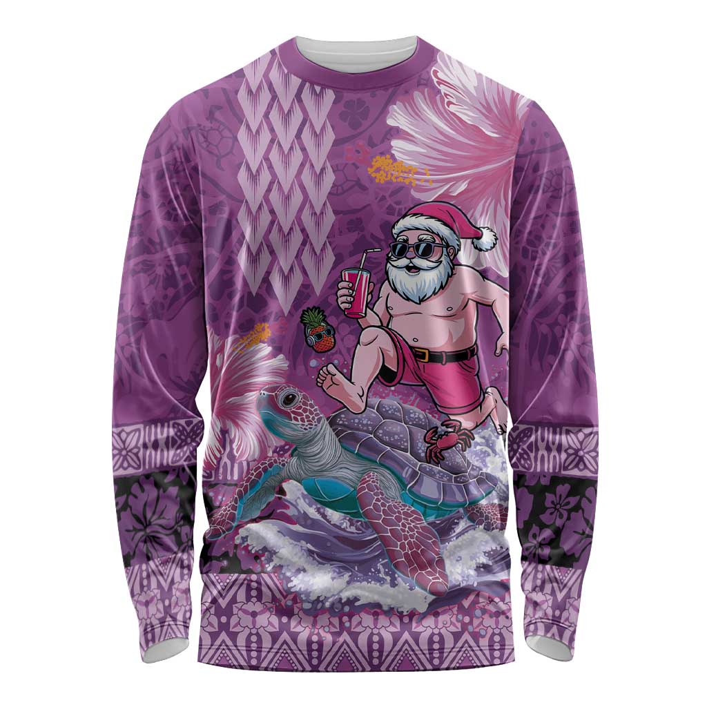 Hawaii Mele Kalikimaka Long Sleeve Shirt Funny Santa with Tribal Tattoos Kakau Purple Color - Polynesian Pride
