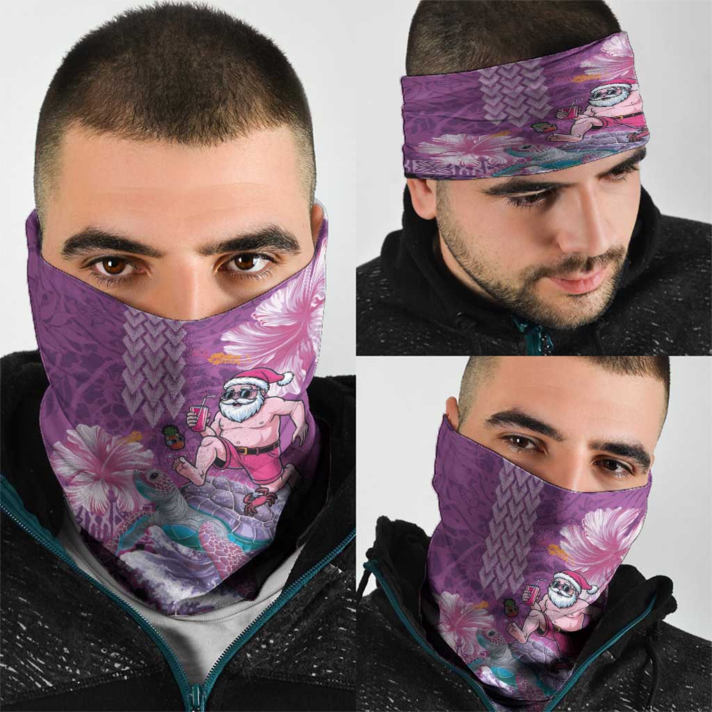 Hawaii Mele Kalikimaka Neck Gaiter Funny Santa with Tribal Tattoos Kakau Purple Color - Polynesian Pride