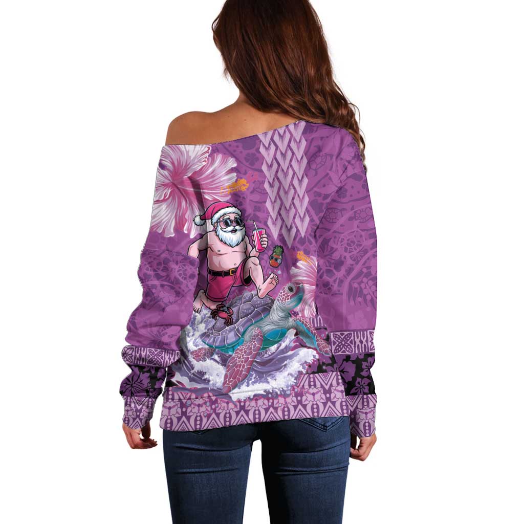 Hawaii Mele Kalikimaka Off Shoulder Sweater Funny Santa with Tribal Tattoos Kakau Purple Color - Polynesian Pride