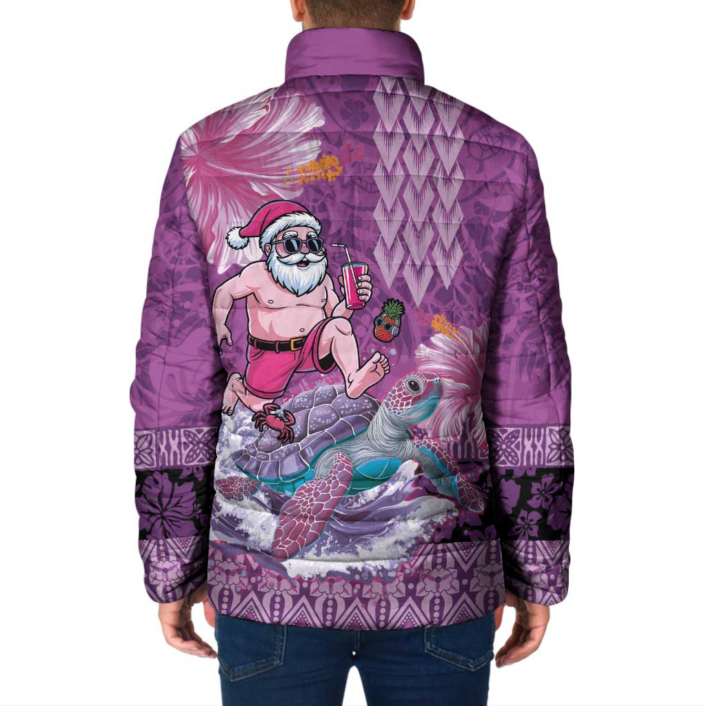 Hawaii Mele Kalikimaka Padded Jacket Funny Santa with Tribal Tattoos Kakau Purple Color - Polynesian Pride