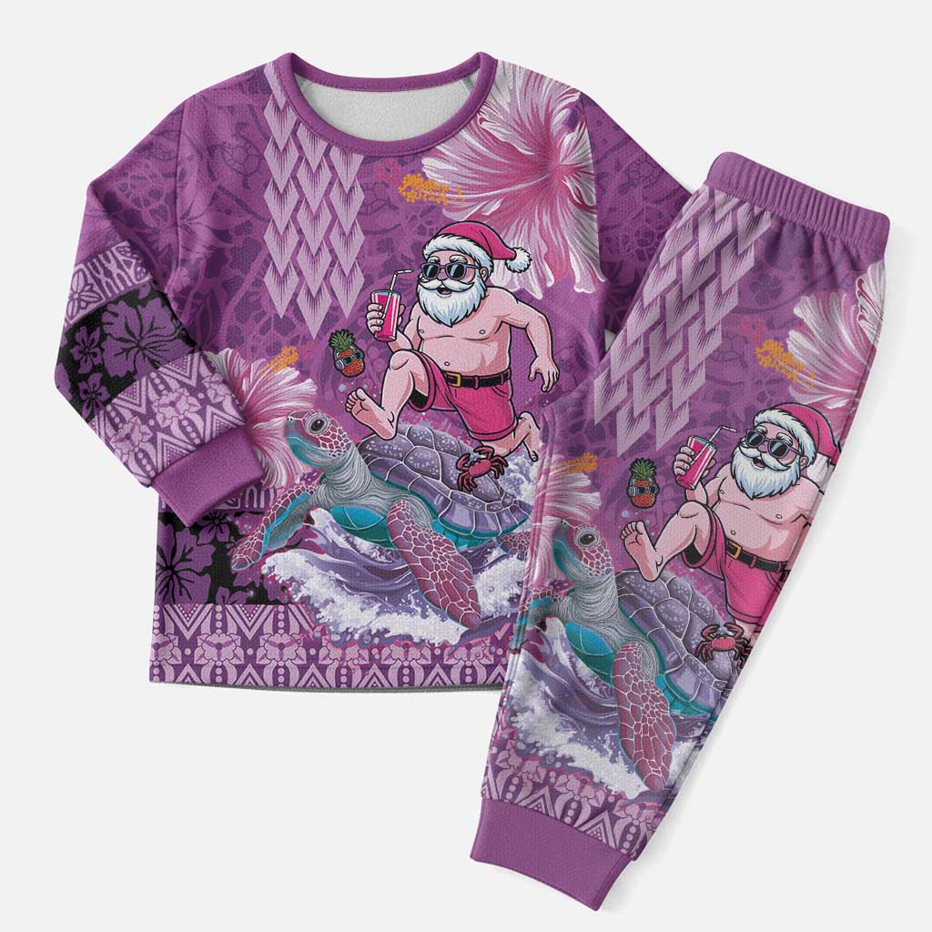 Hawaii Mele Kalikimaka Christmas Pajama Set Funny Santa with Tribal Tattoos Kakau Purple Color LT03 Men Purple - Polynesian Pride