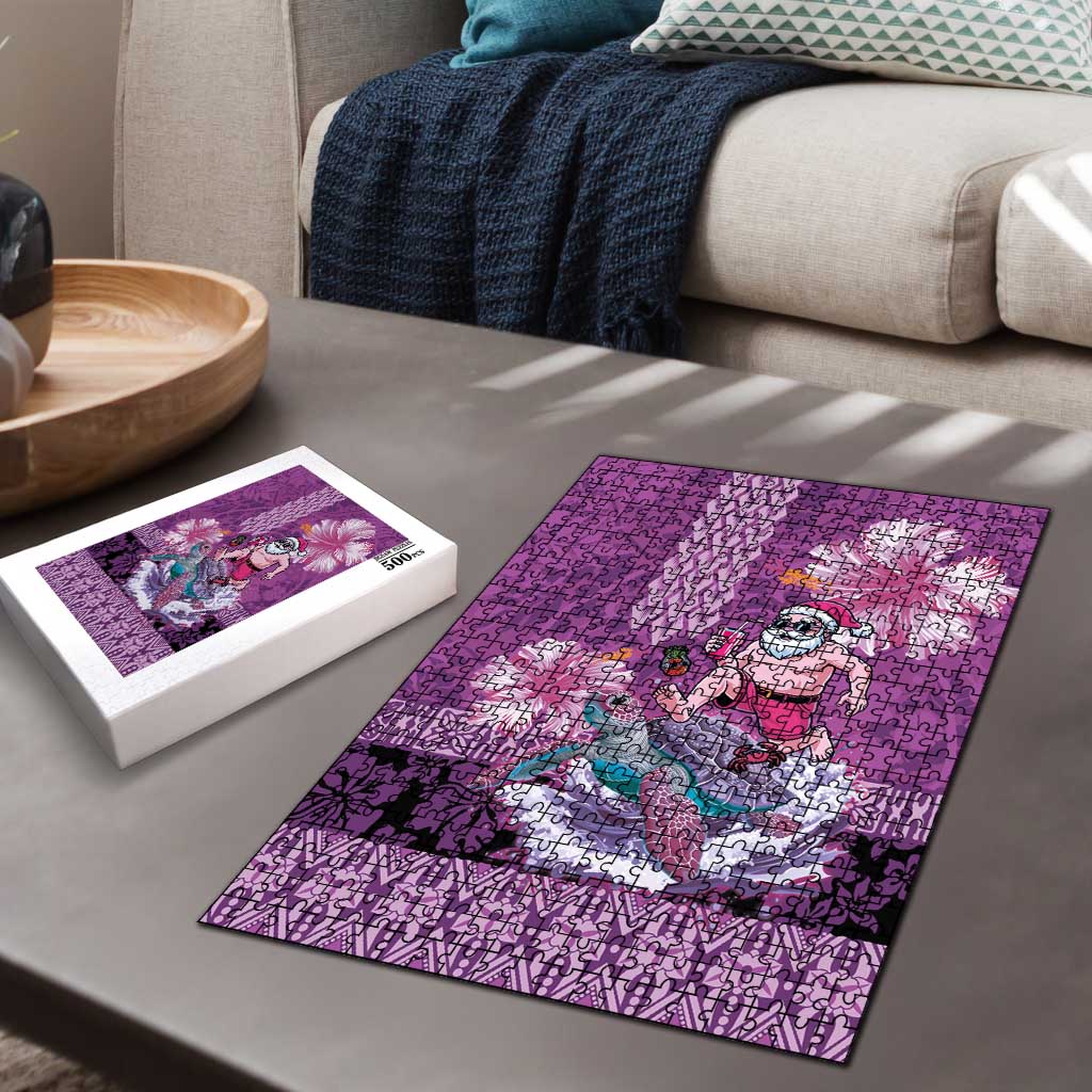Hawaii Mele Kalikimaka Puzzle Funny Santa with Tribal Tattoos Kakau Purple Color - Polynesian Pride