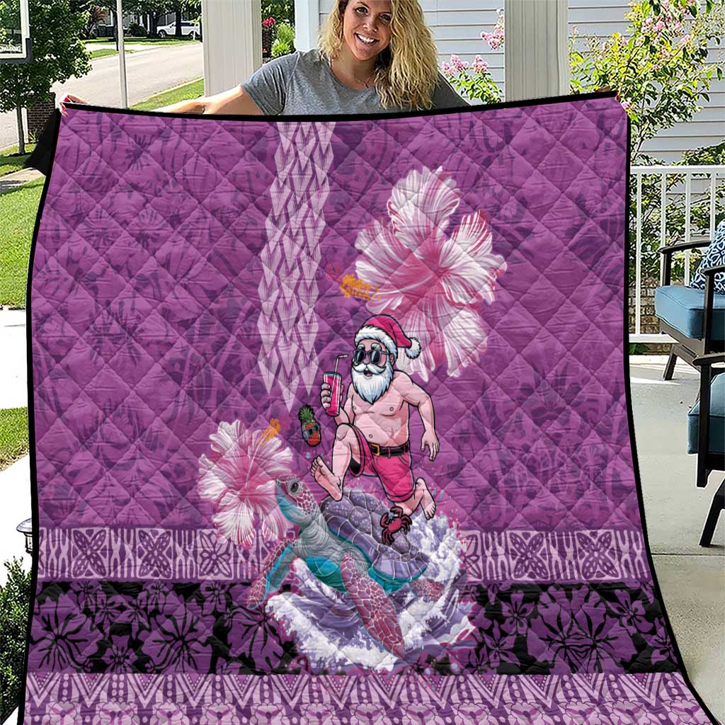 Hawaii Mele Kalikimaka Quilt Funny Santa with Tribal Tattoos Kakau Purple Color - Polynesian Pride