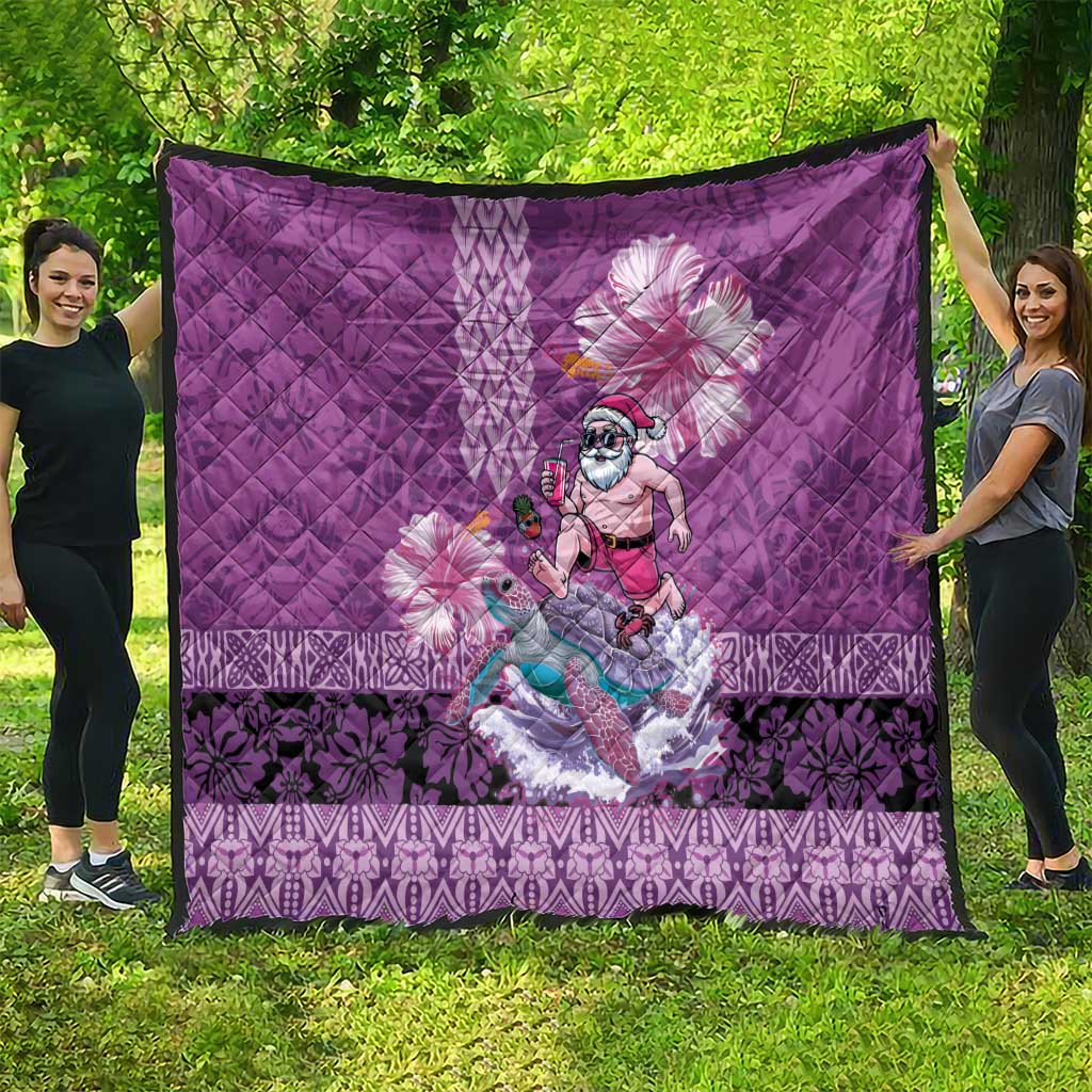 Hawaii Mele Kalikimaka Quilt Funny Santa with Tribal Tattoos Kakau Purple Color - Polynesian Pride