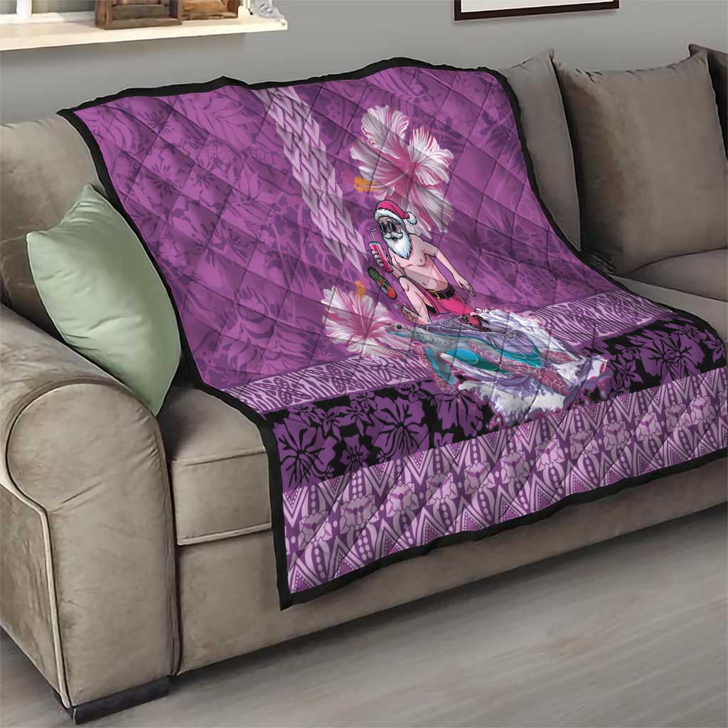 Hawaii Mele Kalikimaka Quilt Funny Santa with Tribal Tattoos Kakau Purple Color - Polynesian Pride