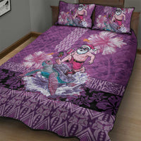 Hawaii Mele Kalikimaka Quilt Bed Set Funny Santa with Tribal Tattoos Kakau Purple Color - Polynesian Pride
