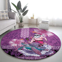Hawaii Mele Kalikimaka Round Carpet Funny Santa with Tribal Tattoos Kakau Purple Color - Polynesian Pride