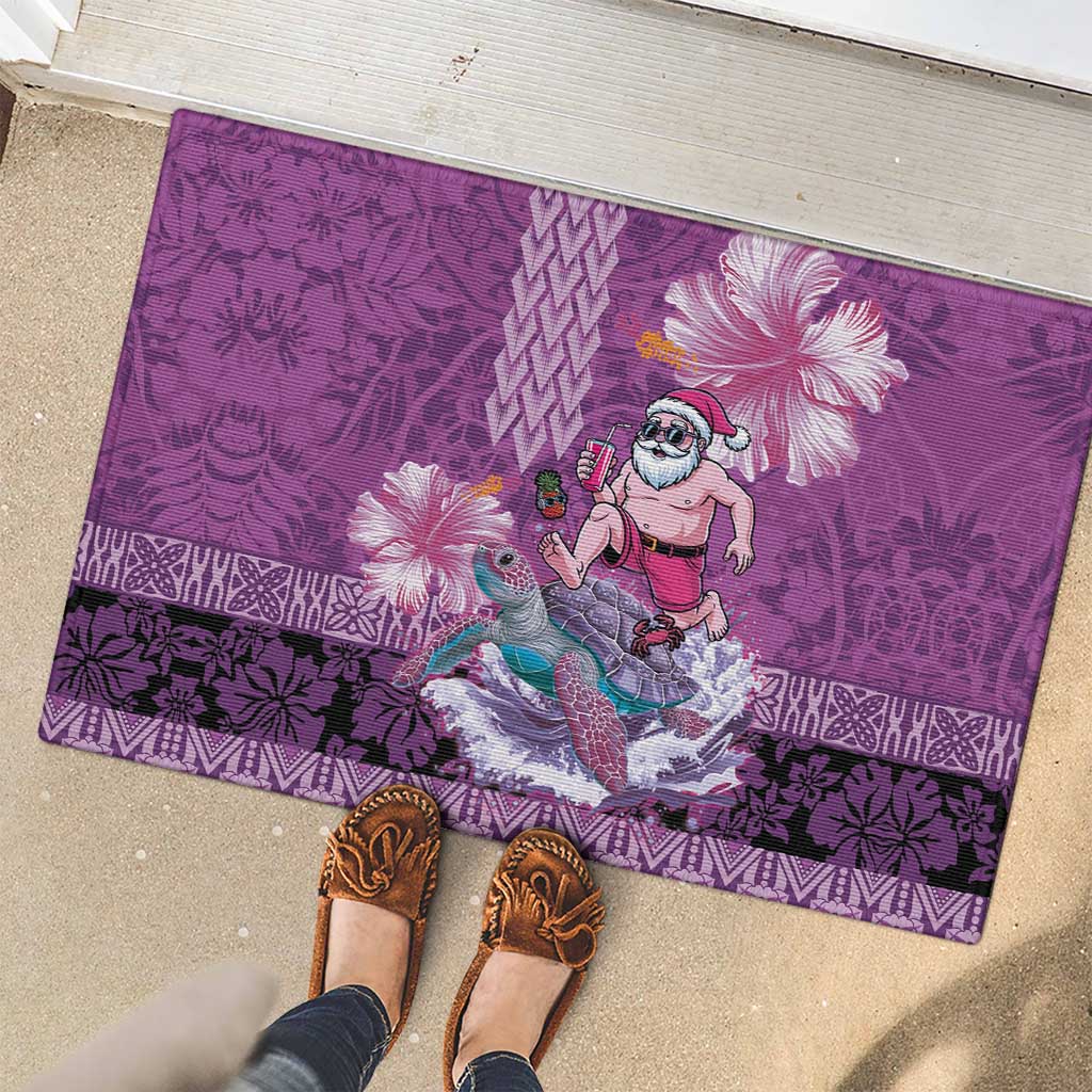Hawaii Mele Kalikimaka Rubber Doormat Funny Santa with Tribal Tattoos Kakau Purple Color - Polynesian Pride