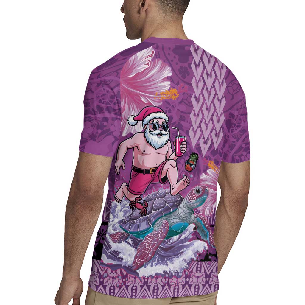 Hawaii Mele Kalikimaka Rugby Jersey Funny Santa with Tribal Tattoos Kakau Purple Color - Polynesian Pride