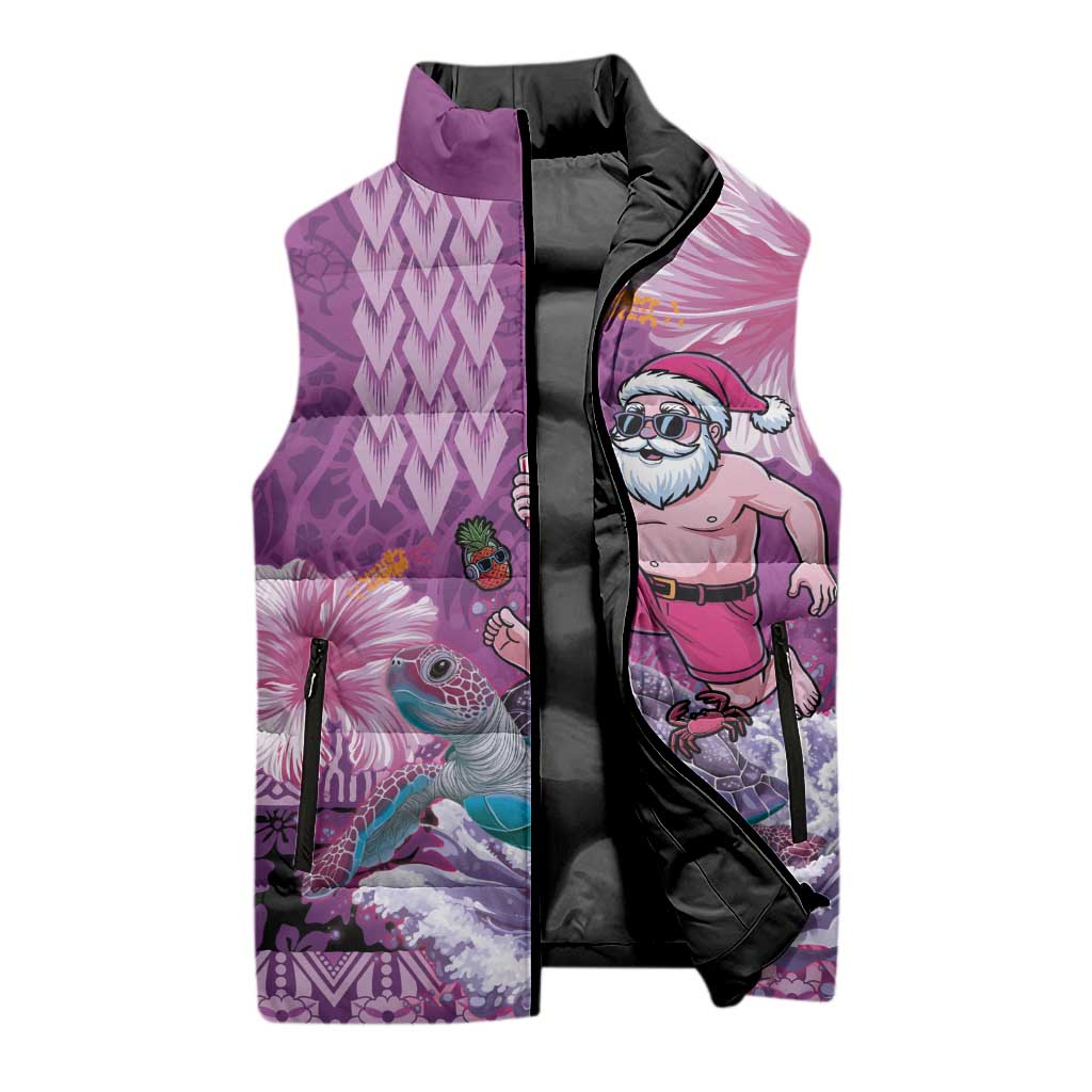 Hawaii Mele Kalikimaka Sleeveless Puffer Jacket Funny Santa with Tribal Tattoos Kakau Purple Color - Polynesian Pride