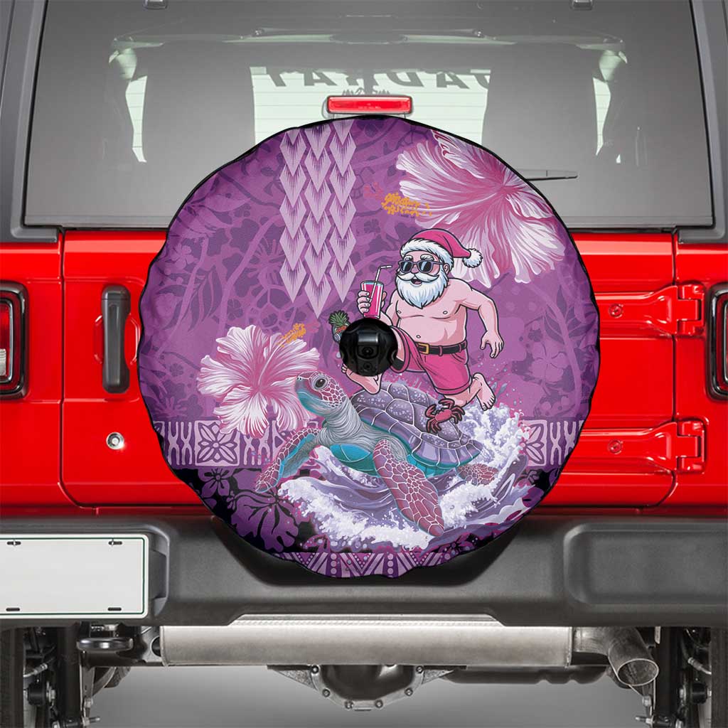Hawaii Mele Kalikimaka Spare Tire Cover Funny Santa with Tribal Tattoos Kakau Purple Color - Polynesian Pride