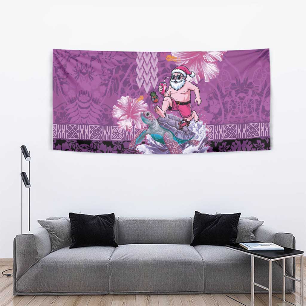 Hawaii Mele Kalikimaka Tapestry Funny Santa with Tribal Tattoos Kakau Purple Color - Polynesian Pride