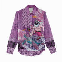 Hawaii Mele Kalikimaka Women Casual Shirt Funny Santa with Tribal Tattoos Kakau Purple Color - Polynesian Pride